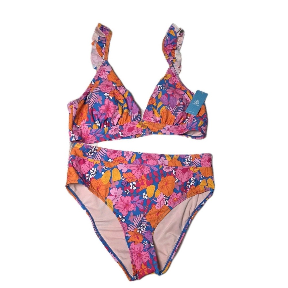Cupshe‎ Floral Ruffle Sz XL Shoulder V-Neck Bikini Top & High Waisted Bottom Set